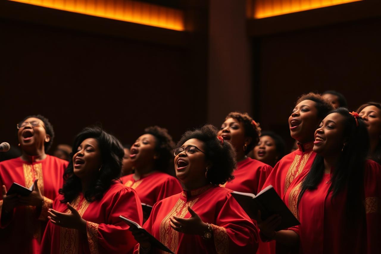 Church choir in red and gold robes singing